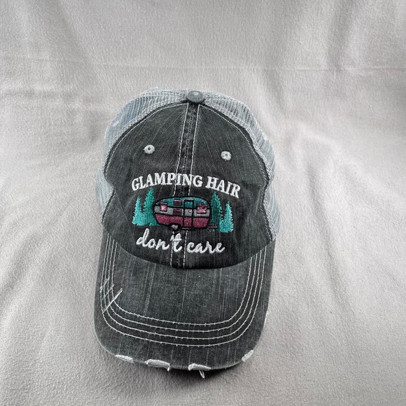 Glamping Hair Don't Care Hat Womens Gray Distressed Mesh Back - Picture 6 of 10